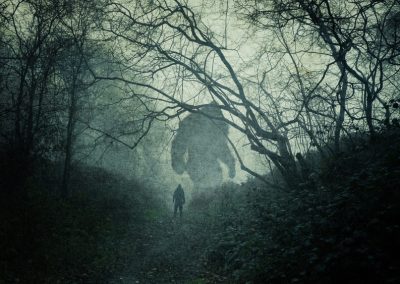 A,Dark,,Atmospheric,Concept,Of,A,Huge,Bigfoot,Monster.,Silhouetted