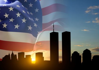 New,York,Skyline,Silhouette,With,Twin,Towers,And,Usa,Flag