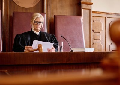 Experienced,Female,Judge,In,Black,Gown,Reading,Juridical,Paper,Documents
